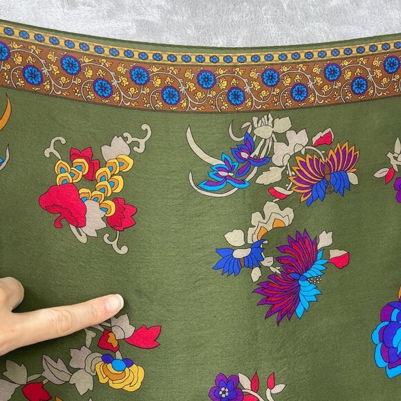 Vintage Floral Print 100% Silk Large Square Scarf Olive Green Made in Japan - Picture 6 of 13
